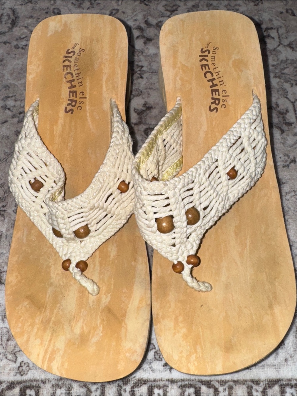 Skechers Platform Sandals Vintage Brown Beaded Wedge Shoes Flip Flops Size 10 US